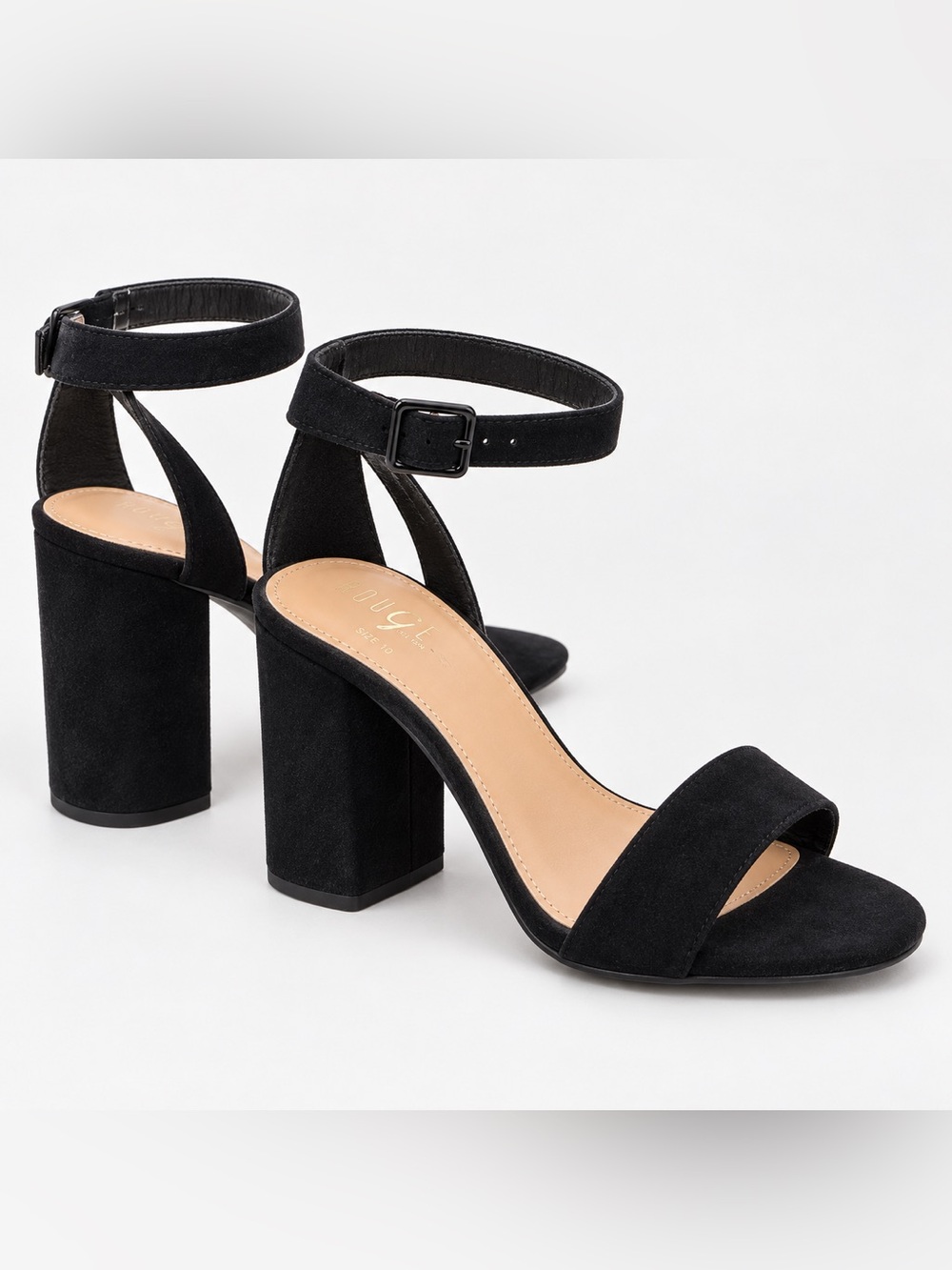 Classic Black Ankle Strap Block Heel Sandals Size 10